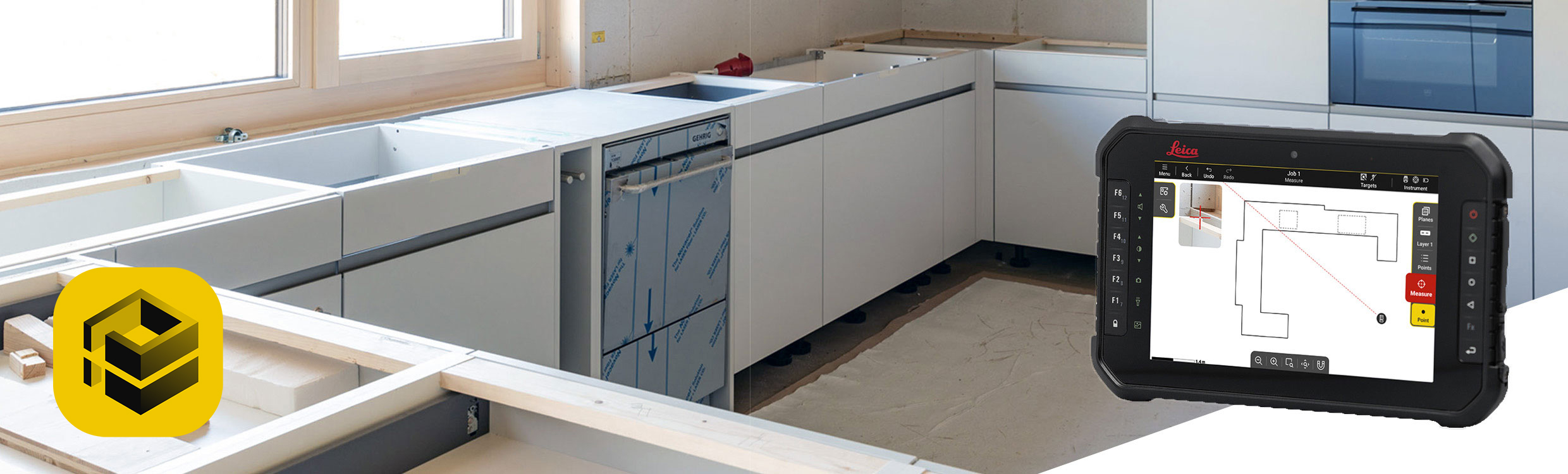 Software Leica iCON trades para crear plantillas sobre una tableta Leica iCON negra delante de armarios de cocina sin puerta y paredes de cartón yeso gris.